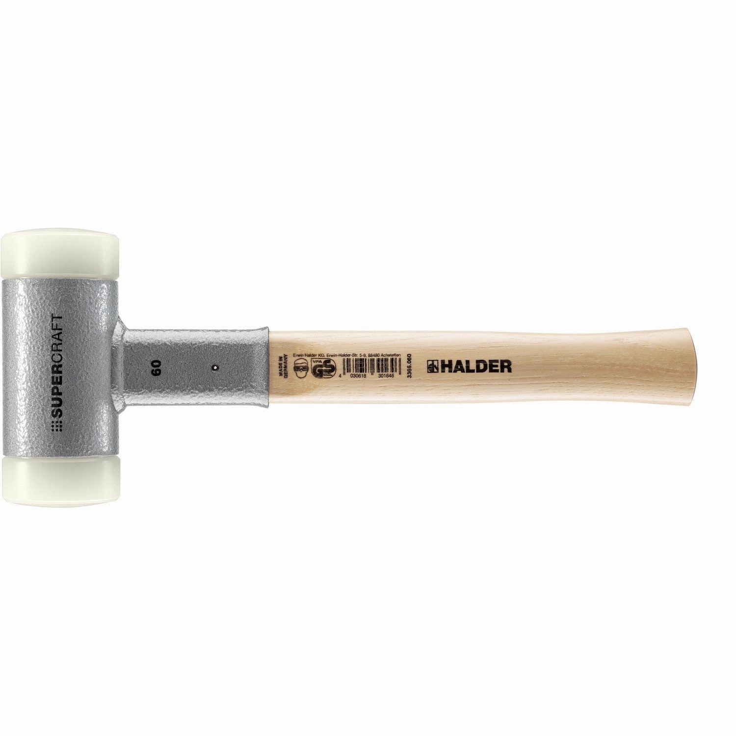 Halder 3366.060 Supercraft Dead Blow, Non-Rebounding Hammer with Nylon Face Inserts Steel Housing and Hickory Handle