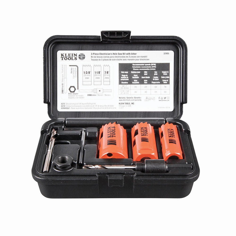 Klein Tools 32905 Electrician's Hole Saw Kit with Arbor 3-Piece