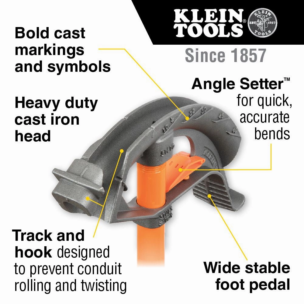 Klein Tools 51605 Conduit Bender 1-Inch EMT with Angle Setter Technology, Wide Foot Pedal and Benchmark Symbols