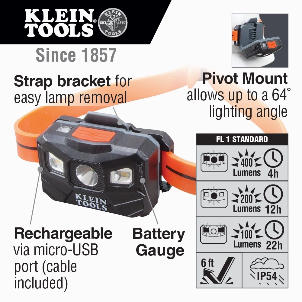 Klein Tools 56064 Rechargeable Headlamp with Silicone Strap, 400 Lumens, All-Day Runtime