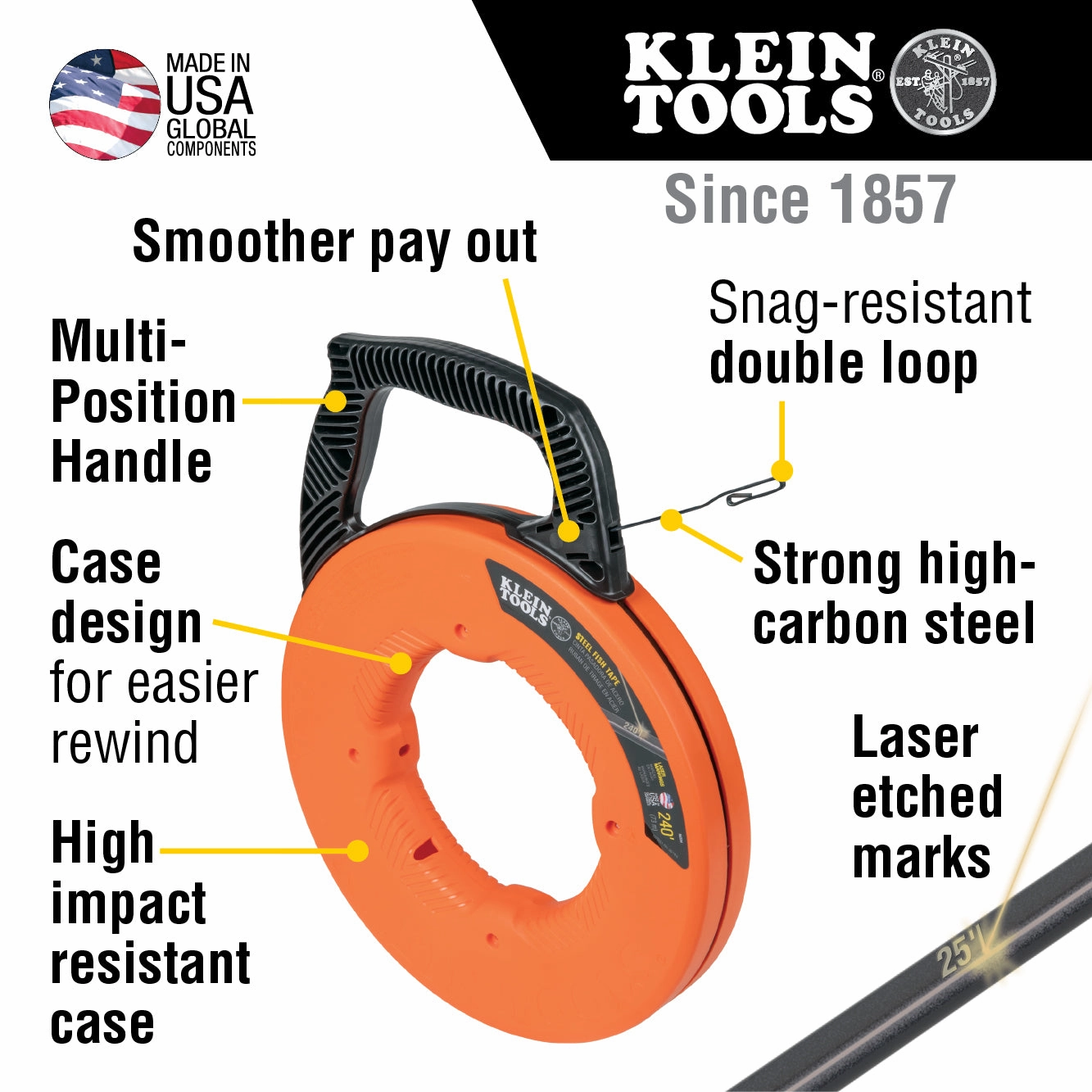 Klein Tools 56333 Steel Fish Tape, 1/8-Inch x 120-Foot