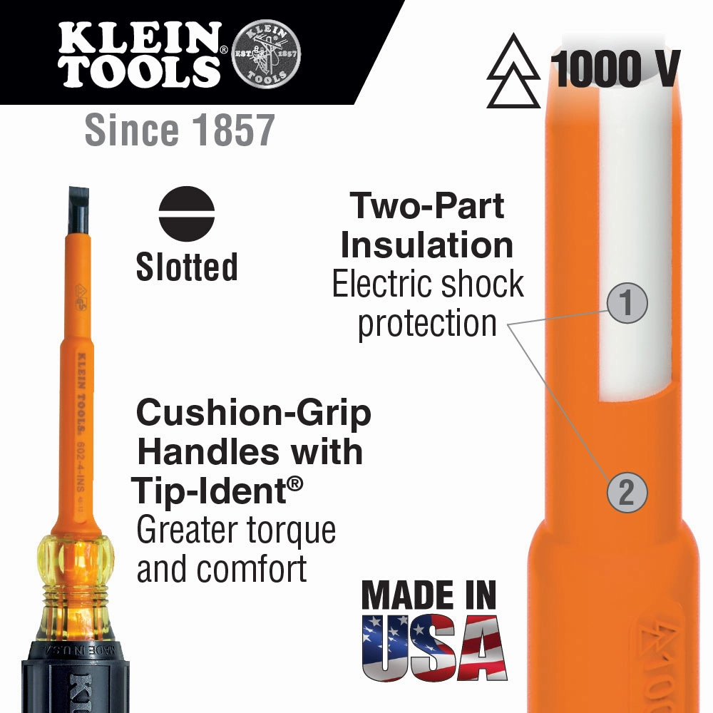 Klein Tools 602-4-INS 1/4-Inch Cabinet Tip Insulated Screwdriver, 4-Inch