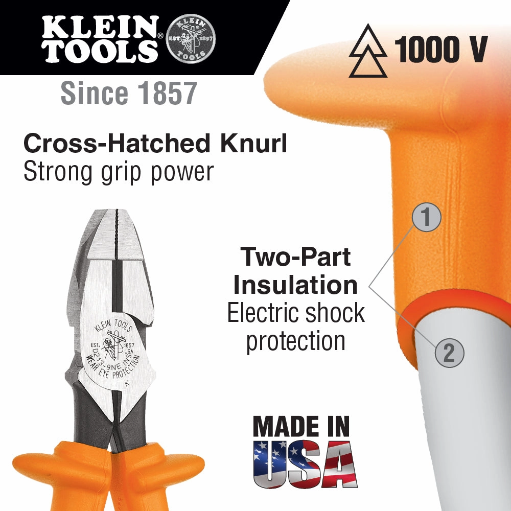 Klein Tools D2000-9NE-INS Insulated Lineman's Pliers, 9"