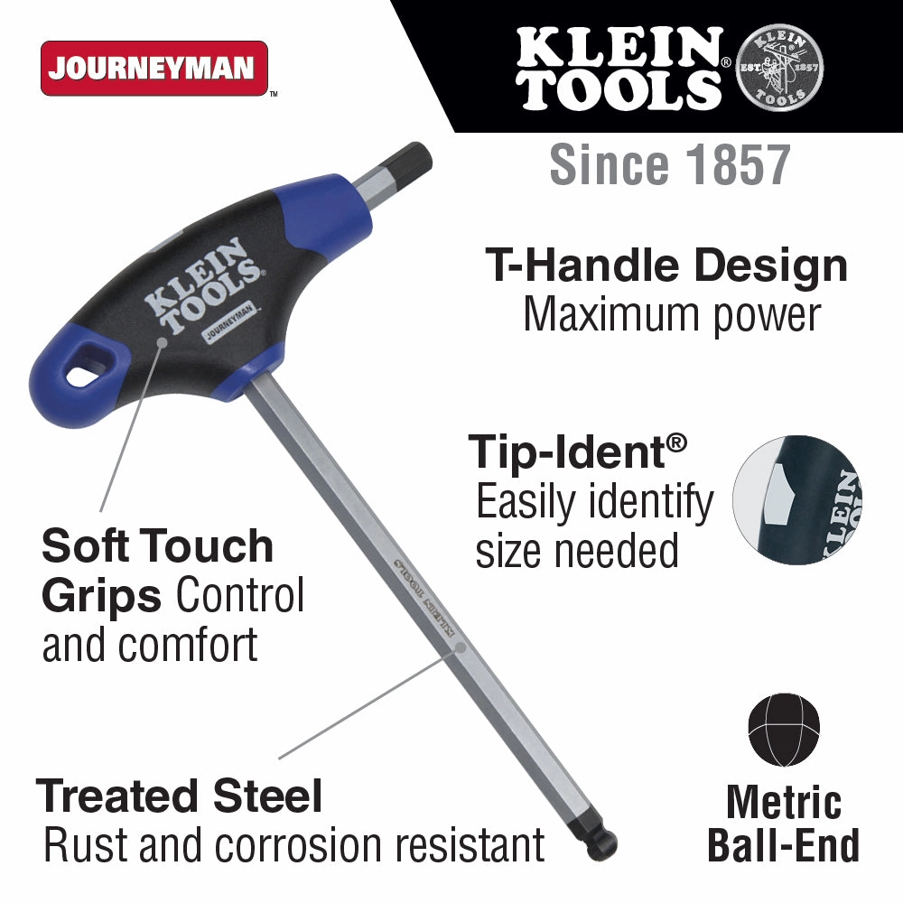 Klein Tools JTH6M4BE Journeyman Ball End T-Handle Hex Key, 6" x 4 mm