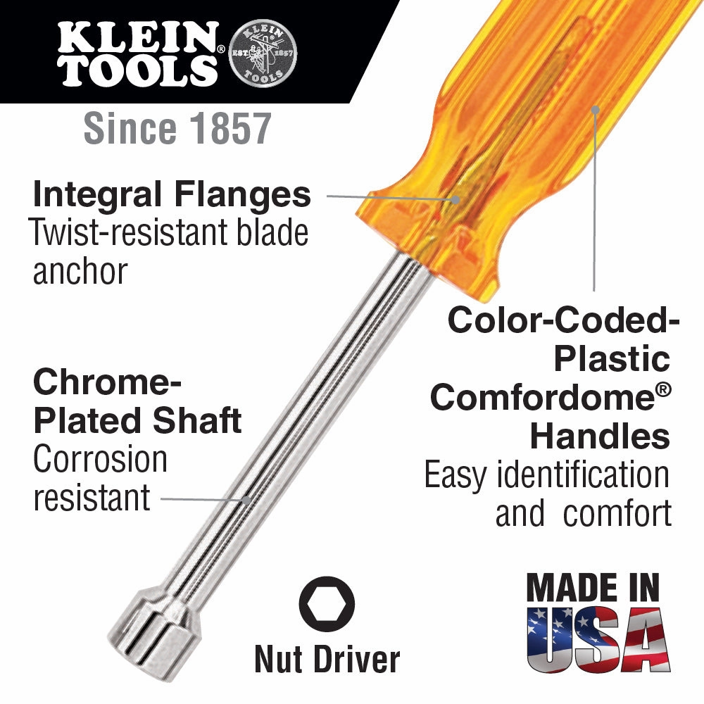 Klein Tools S6 Nut Driver, Hollow Shaft, 3" x 3/16"