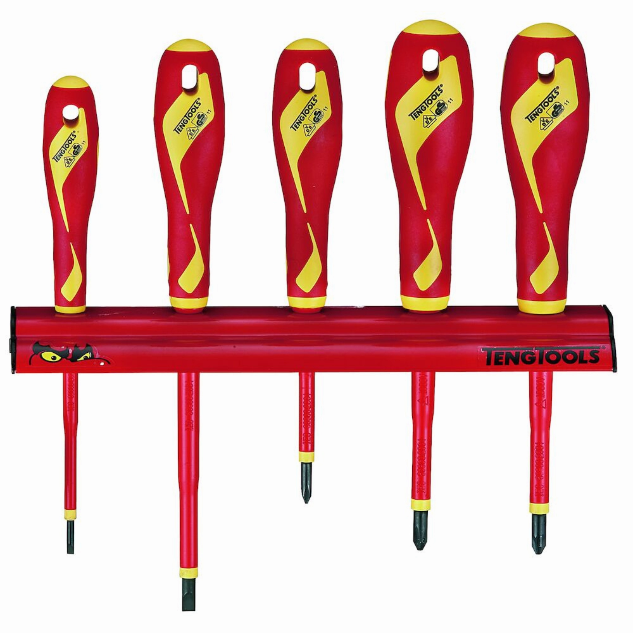 Teng Tools 5 Piece 1000 Volt Insulated Mixed Slotted/Flat, Phillips (PH) & Pozidriv (PZ) Screwdriver Wall Rack - WRMDV05N