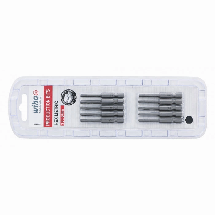 Wiha Tools 74330 Hex Metric Power Bit, 3.0 mm x 50 mm, 10 Pk.